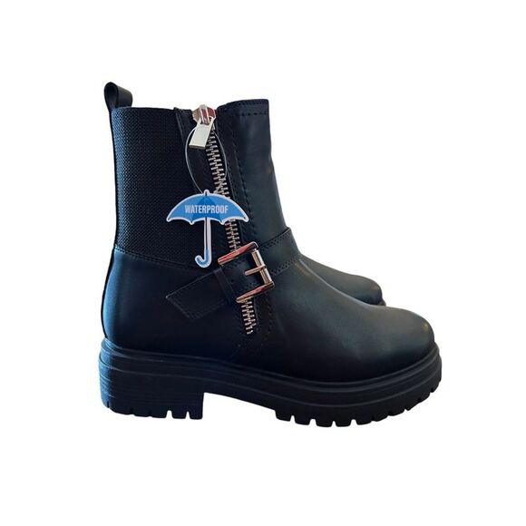 AQUA COLLEGE Womens Black 1" Platform Back Pull-Tab Grant Block Heel Moto 10 M - Picture 3 of 4